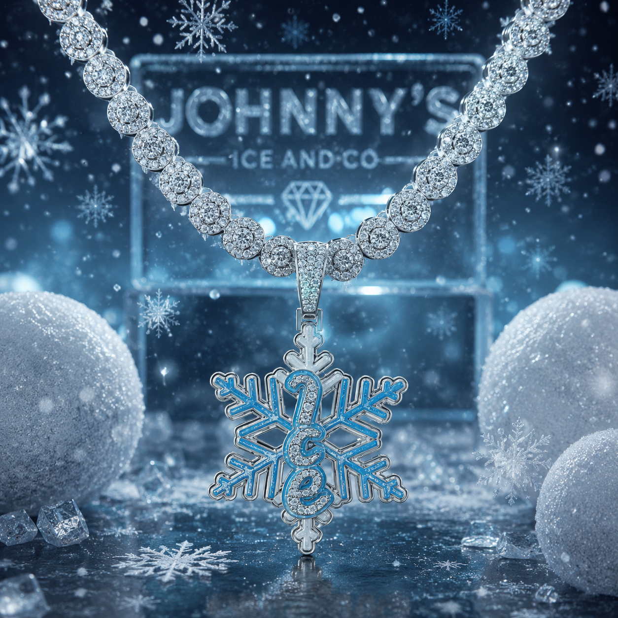 Silver snowflake pendant jewelry from Johnny's Ice & Co featuring intricate snowflake design, perfect winter accessory.