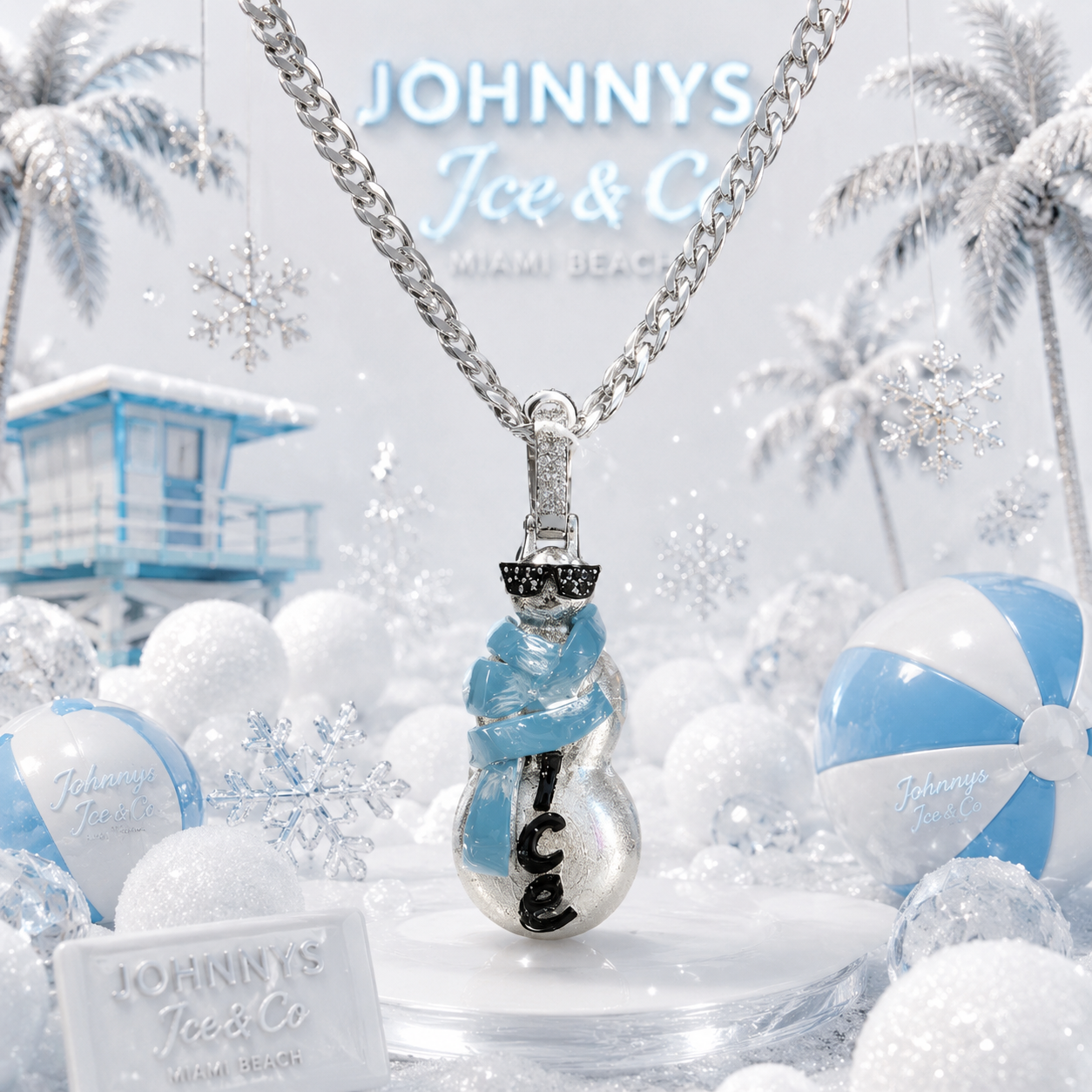Johnny's Ice & Co snowman pendant, JI-2054, featuring a detailed ice design with a festive, winter-themed appearance.