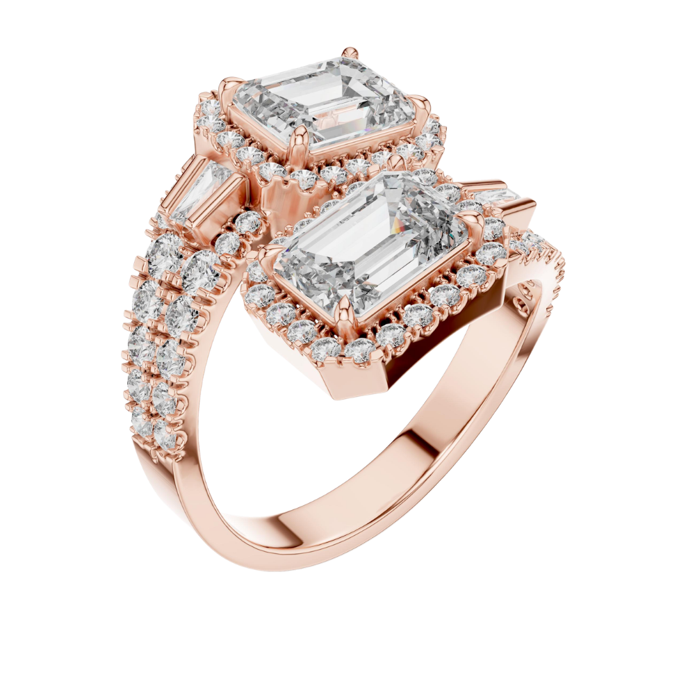 Engagement ring from Johnny's Ice & Co with a central diamond and intricate band design, displayed on a neutral background.