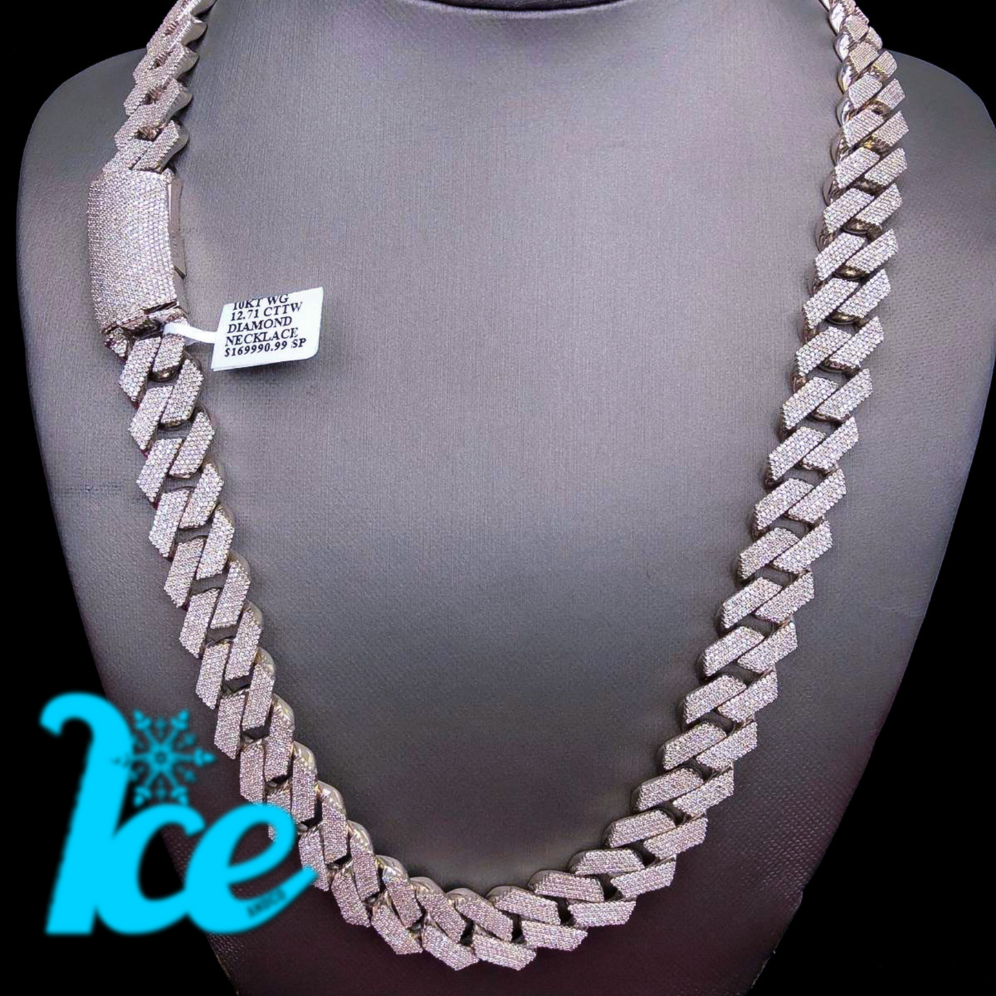 A thick chopstick Cuban chain necklace displayed on a mannequin torso, featuring white gold with diamond-like accents.