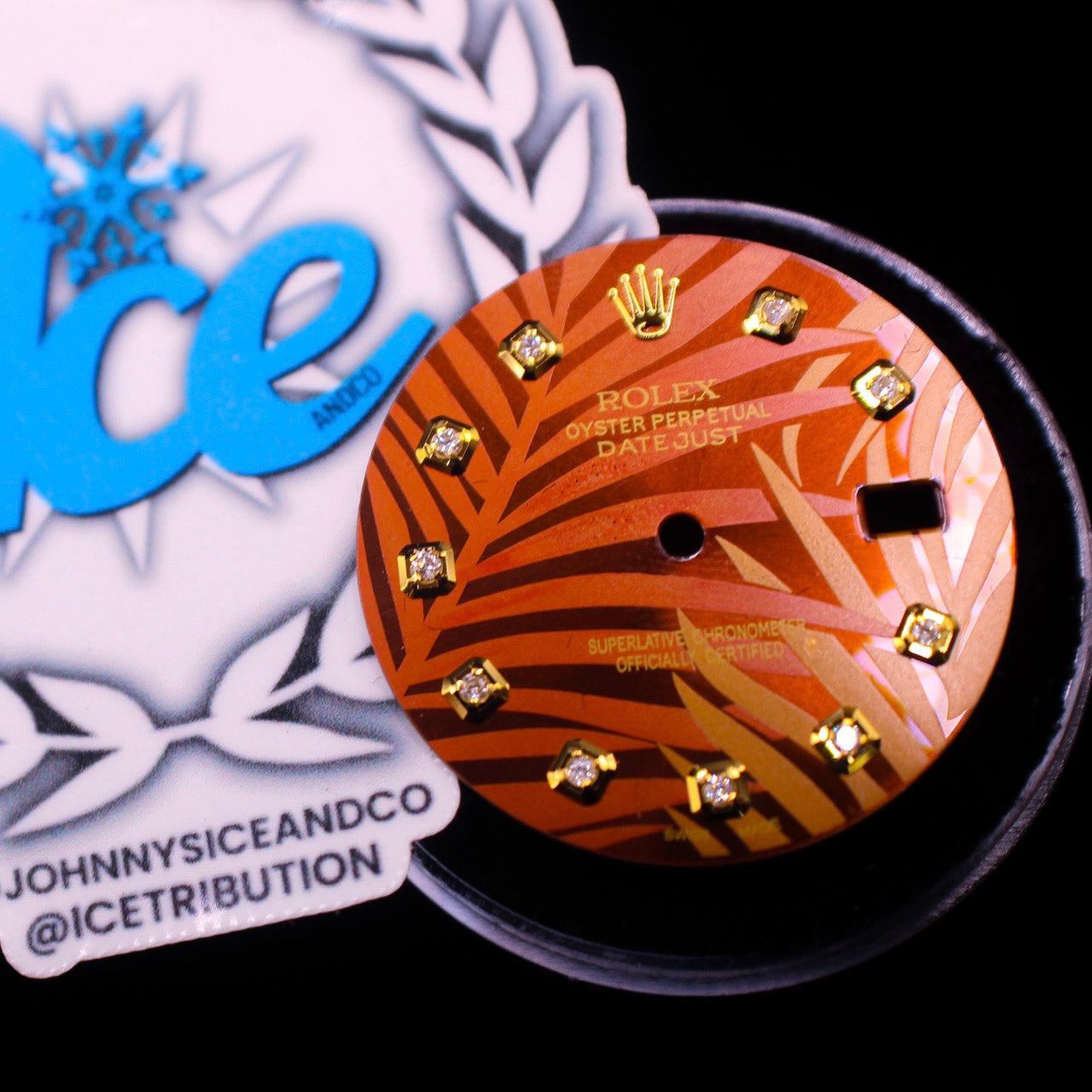 Custom Rolex Date-just dial with a two-tone brown and gold safari design, featuring 10 VS1 natural diamonds.